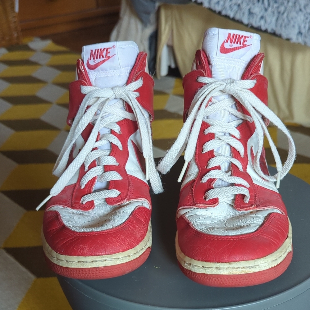 Vintage 1990's Nike  Red and White University High-Top Sneakers. Mens Size 9.